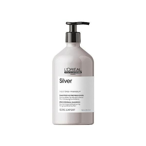 LOréal Professionnel, Shampoing Neutralisant & Raviveur dÉclat pour Cheveux Gris ou Blancs, Silver, SERIE EXPERT, 750 ml