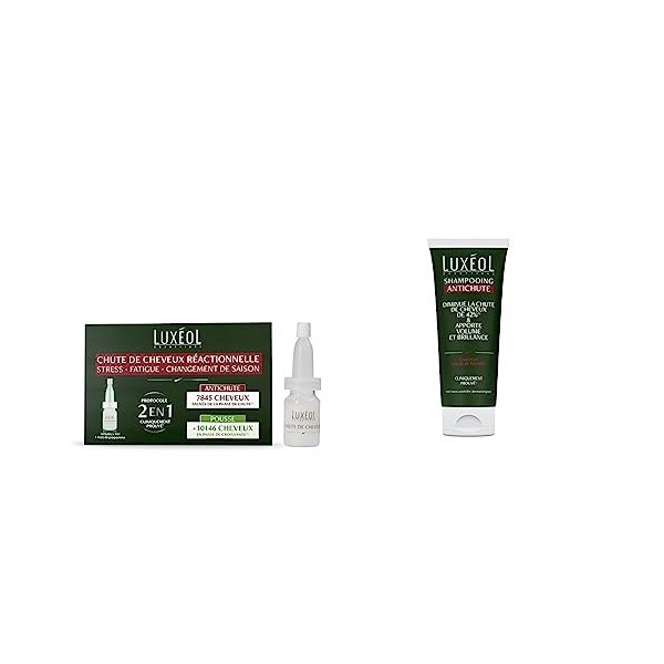 LUXÉOL - Chute De Cheveux Réactionnelle 2 En 1 - Stress & Fatigue - Programme Cheveux 1 Mois - 14 Fioles De 7ml & Shampooing 