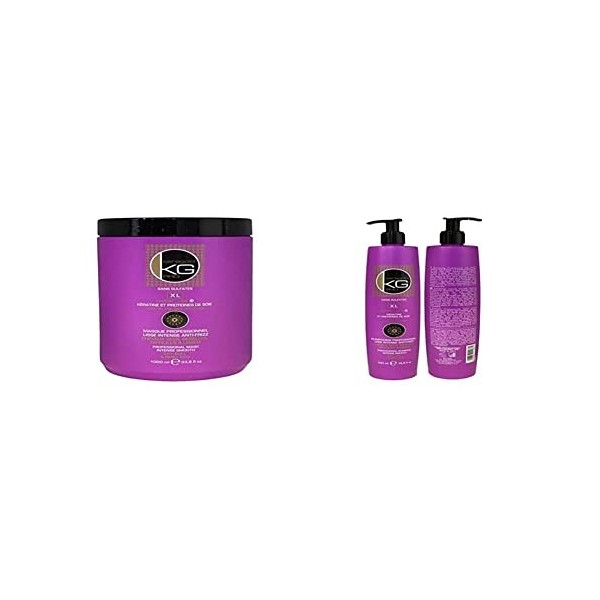 KERAGOLD PRO Masque pour Cheveux Secs/Rebelles/Difficiles à Lisser à la Keratine/Protéines de Soie, 1000 ml & Shampooing à la