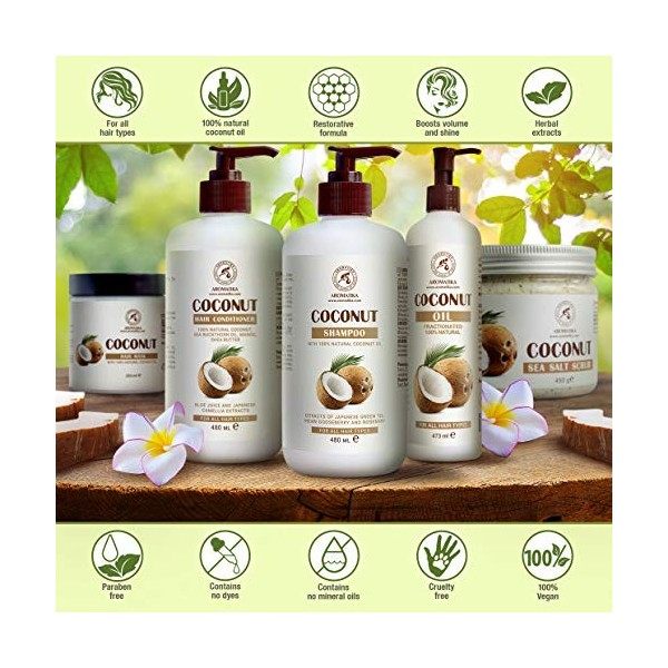 Shampoing Coco 480ml - avec 100% Huile Naturelle de Coco - Shampoing pour Croissance et Volume des Cheveux - Shampooing à Noi