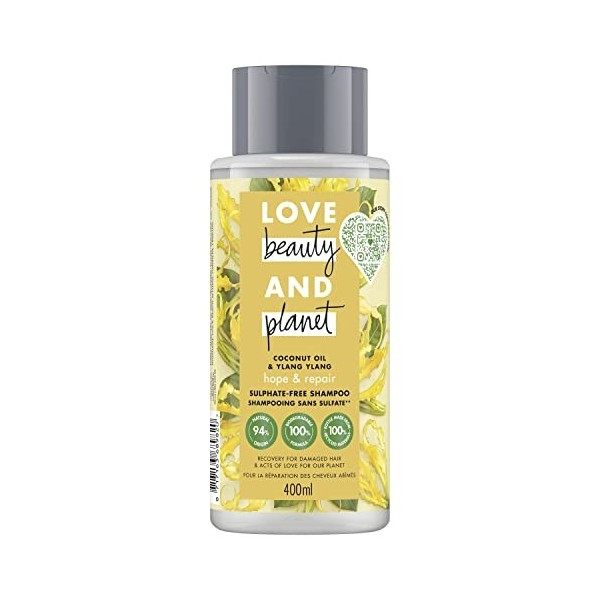 Love Beauty And Planet Shampooing Femme Vegan Oasis Réparatrice Huile de Coco Bio et Fleur dYlang Ylang Cheveux Abîmés Certi