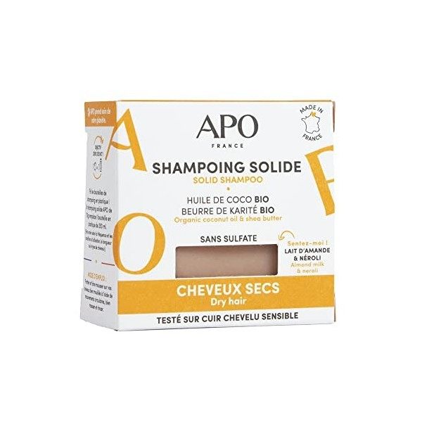 APO France - Shampoing Solide - Cheveux Secs - Huile de Coco Bio et Beurre de Karité Bio - Sans Sulfate - 100% Vegan – Certif