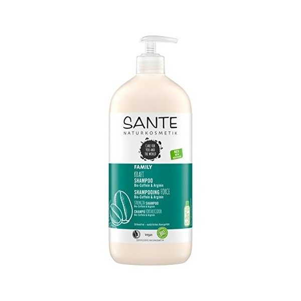 Sante Naturkosmetik Kraft Shampooing Bio Cofféine & Arginine, 950 ml, taille de la famille avec distributeur de pompe, parfum