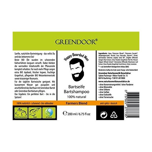 100% NATUREL - Greendoor - Shampoing savon au pamplemousse & au gingembre pour la barbe - garanti sans silicone, sulfates ou 