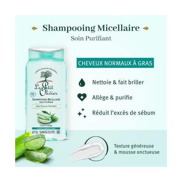 LE PETIT OLIVIER - Shampooing Micellaire Soin Purifiant - Aloe Vera & Thé Vert - Purifie & Allège - Cheveux Normaux À Gras - 