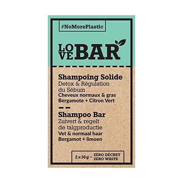 Love Bar - Shampoing Solide Détoxifiant & Régulateur à la Bergamote & au Citron Vert - Cheveux Normaux et Gras 2 x 30 gr 