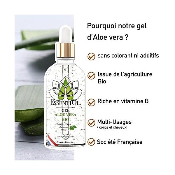 GEL DALOE VERA BIO - 100% pur et naturel - Soins pour les cheveux gras à secs - Tous types de peaux - 100mL Pipette- Marque 