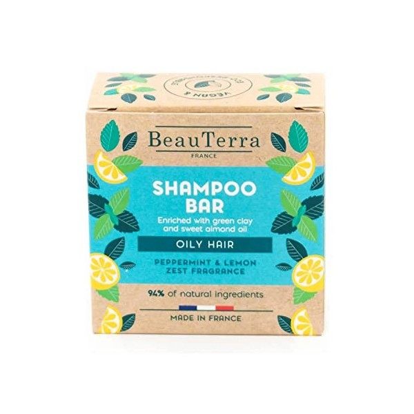 BeauTerra - Shampoing Solide pour Cheveux Gras, 75g - à lArgile Verte et Huile dAmande Douce - Shampoing Fabriqué en France