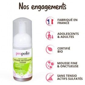PROPOLIA- Bio - Mousse lavante visage - Propolis/Aloe Vera/Eaux florales de thé vert et menthe poivrée - Adolescents et adult