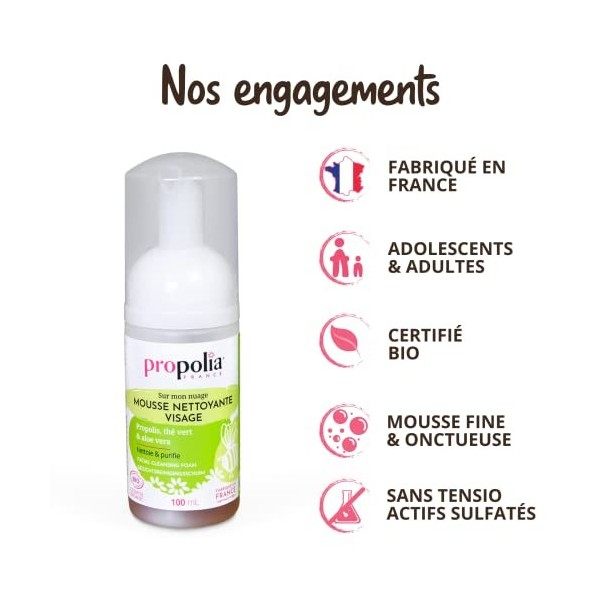 PROPOLIA- Bio - Mousse lavante visage - Propolis/Aloe Vera/Eaux florales de thé vert et menthe poivrée - Adolescents et adult