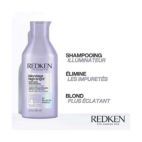 Redken |Shampoing Éclat pour Cheveux Blonds Ternes, Enrichi à la Vitamine C, Blondage High Bright, 300 ml