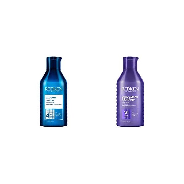 Redken | Après-Shampoing Fortifiant pour Cheveux Abimés, Riche en Protéines, Extreme, 300 ml & Shampoing Violet Neutralisant 