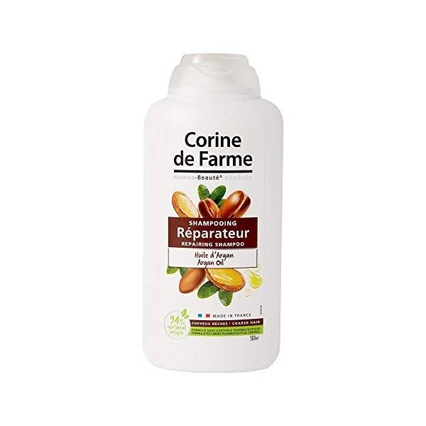 Corine de Farme, Shampooing Réparateur, Huile dArgan, 100% Fabriqué en France, 500ml, Démêle et nourrit intensément les chev