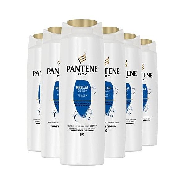 Pantene Pro-V Micellar Purifie & Nourrit, Shampoing, pour Cheveux Ternes à Tendance Grasse, Lot de 6x250ml