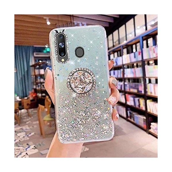 Coque pour Samsung Galaxy A20S Coque Transparent Glitter avec Support Bague,étoilé Bling Paillettes Motif Silicone Gel TPU Ho