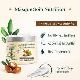 LE PETIT OLIVIER - Masque Soin Nutrition - Huiles DOlive, Karité, Argan - Démêle, Nourrit & Répare - Cheveux Secs et Abîmés 