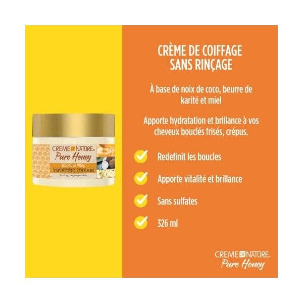 Creme of Nature, Pure Honey, Twisting Cream, Crème de Coiffage à base de noix de coco, beurre de karité et miel, Soin des Che