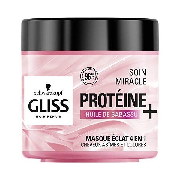 Schwarzkopf - Gliss - Masque Soin Miracle Eclat 4 en 1 - Cheveux abîmés et colorés - Soin Cheveux - 96% dingrédients dorigi