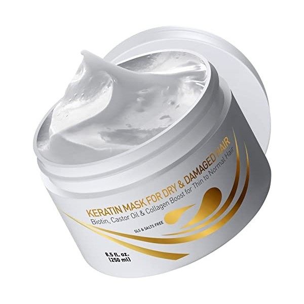 Vitamins Masque Keratine Cheveux Fins - Après Shampooing Fortifiant à Biotine, Huile de Castor Oil et Collagène - Anti Frisot