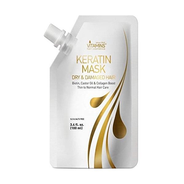 Vitamins Masque Keratine Cheveux Fins - Après Shampooing Fortifiant à Biotine, Huile de Castor Oil et Collagène - Anti Frisot...