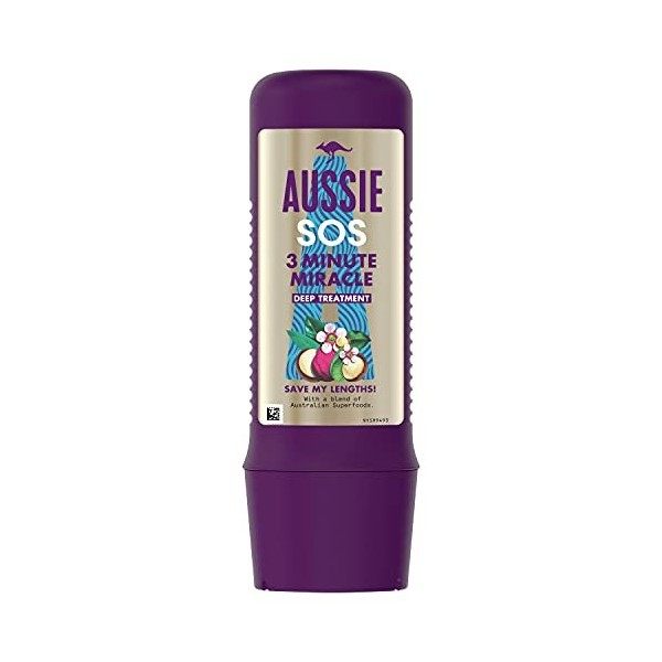 Aussie Masque Cheveux, Soin intensif Vegan SOS 3 Minute Miracle, Pour Cheveux Abîmés, 225ml