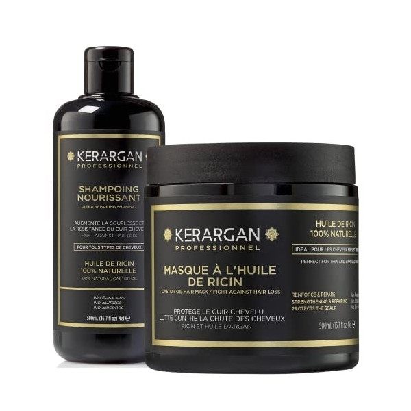 Kerargan - Shampoing et Masque à l’Huile de Ricin, d’Argan - Stimule la Pousse et Réduit les Chutes - Sans Sulfate, Paraben e