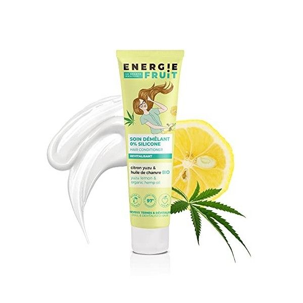 ENERGIE FRUIT | Soin Démélant avec ou sans rinçage | Sans silicone | Citron Yuzu & Chanvre BIO | Cheveux Ternes | Vegan | 150