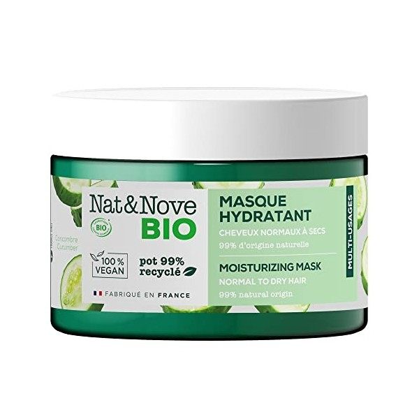 Nat&Nove Bio - Masque Hydratant 3 en 1 Multi-Usages à lextrait de concombre BIO - Hydrate et démêle - Cheveux normaux à secs