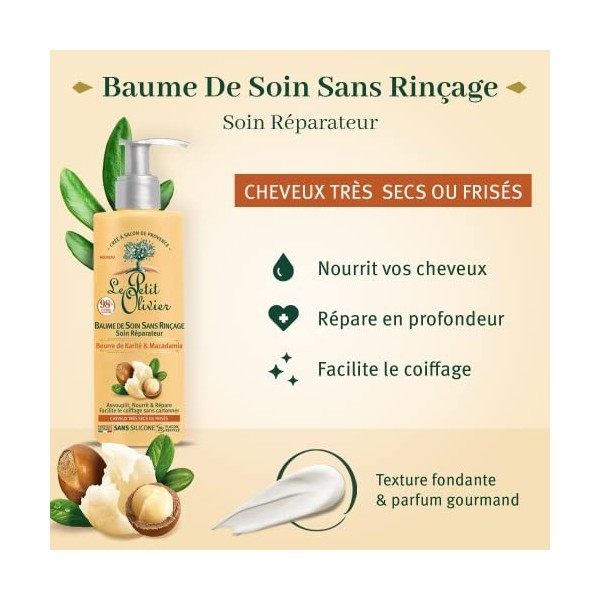 LE PETIT OLIVIER - Baume De Soin Sans Rinçage - Soin Réparateur - Assouplit, Nourrit & Répare - Karité & Macadamia - Cheveux 