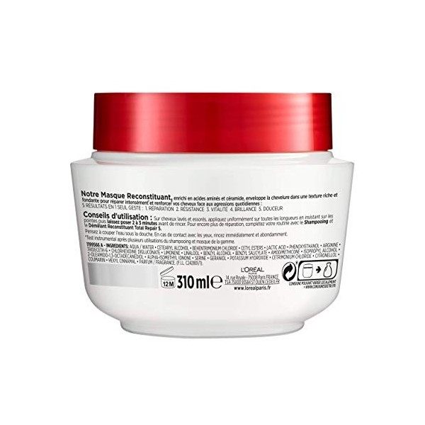 LOréal Paris Elseve Total Repair 5 Masque Reconstituant Enrichi en Acides Aminés/Céramide pour Cheveux Abimés 1 Unité