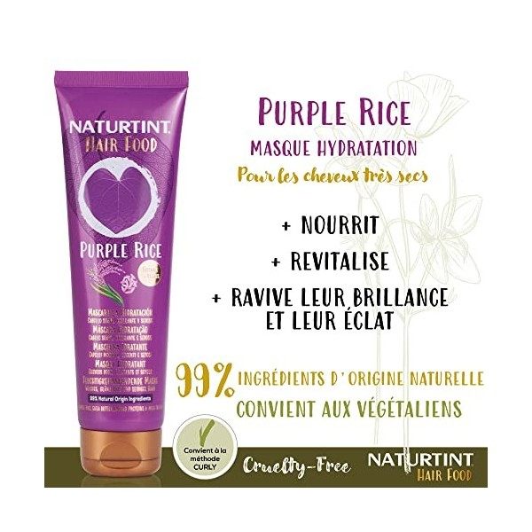 Naturtint Hair Food Purple Rice Masque Hydratation pour Cheveux Secs/Crépus Doux/Brillants/Soyeux Spécial 99% dIngrédients N
