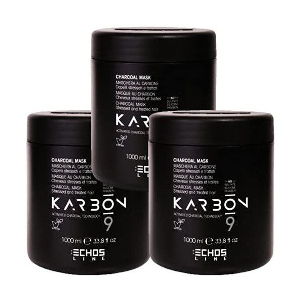 ECHOSLINE KARBON 9 Masque naturel au charbon végétal 2x1000 ml Masque au charbon pour cheveux stressés sans solfate, sans s