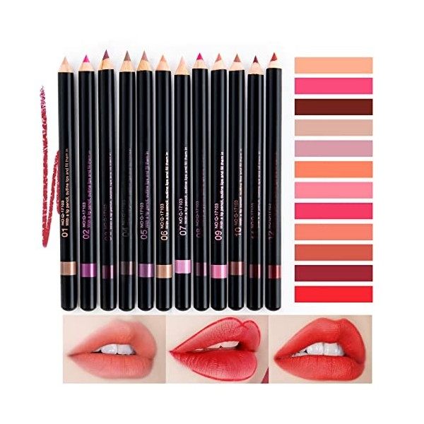 Beteligir 12 Colors Slim Lip Liners Pencil Set,Waterproof Nude Lip Pencils,Natural and Long Lasting Lip Liners A 