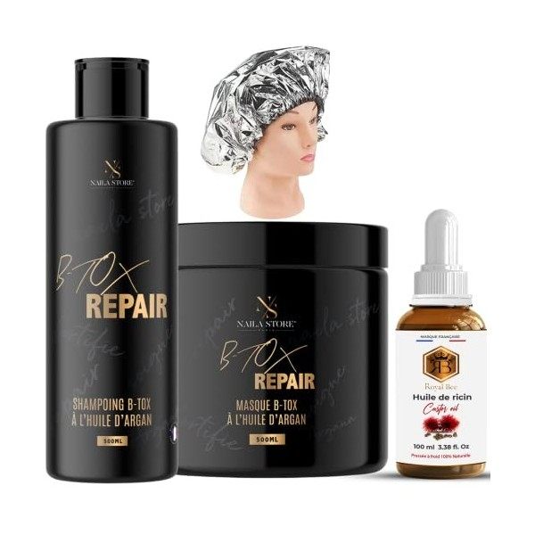 Soin Masque B-tox Capillaire Shampoing + Masque REPAIR 500ML Naila Store 1 Huile de Ricin 100 ML + 1 bonnet pour le soin Hydr