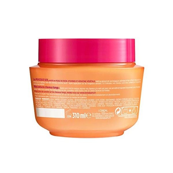 LOréal Paris Elseve Dream Long Masque Reconstructeur Enrichi en Huile de Ricin/Kératine pour Cheveux Longs 1 Unité