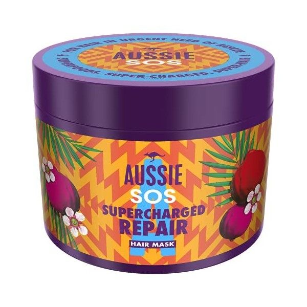 Aussie SOS Supercharged Repair Masque végétalien pour cheveux abîmés en cas de besoin durgence de sauvetage, avec superalime