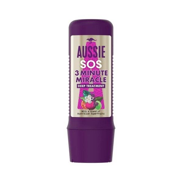 Aussie 3 Minute Miracle SOS Kiss Of Life Masque capillaire végétalien, traitement réparateur pour cheveux secs et abîmés, tra