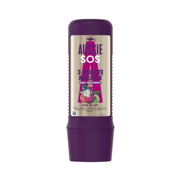 Aussie 3 Minute Miracle SOS Kiss Of Life Masque capillaire végétalien, traitement réparateur pour cheveux secs et abîmés, tra