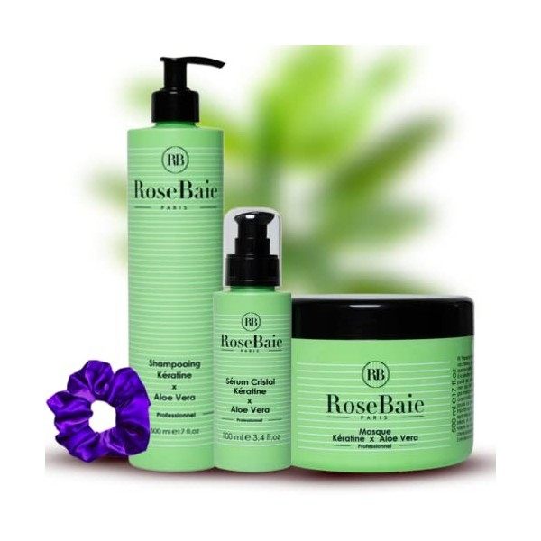 Rosebaie- Gamme Kératine & Aloé Vera - 1 Shampoing 500 ml +1 Masque 500 ml + 1 Soin 100 ml - Eclat Naturel +1 Chouchou De Cou