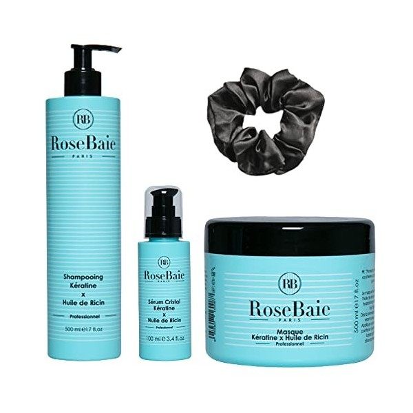 RoseBaie - Ma Routine Capillaire Ricin - Shampoing 500 ml - Masque 500 ml - Sérum 100 ml + 1 Chouchou De Couleur Aléatoire Of