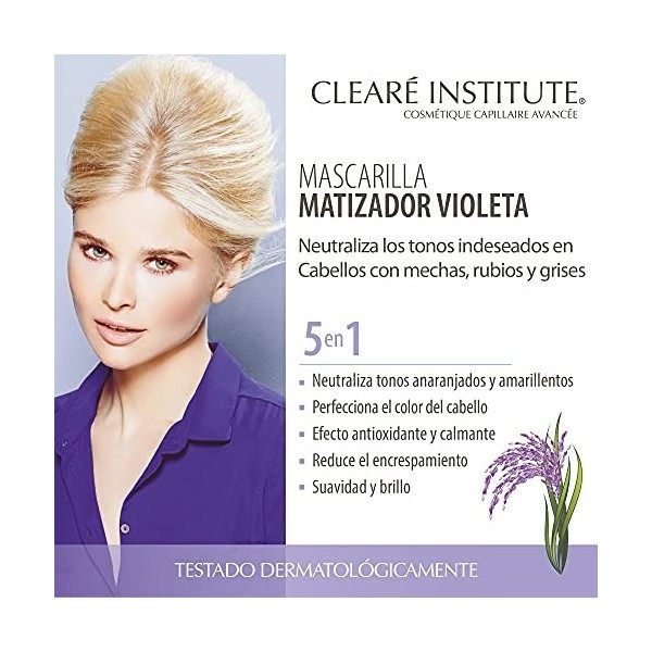 Clearé Institute, Masque matifiant Violet, Neutralise les Tons Indésirables, Spécialement pour les Mèches, les Blonds et les 