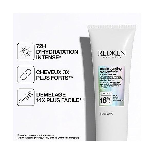 Redken, Masque Réparateur Démêlant 5 min, Pour Cheveux Abîmés Traités en Salon, Concentré en Soin Bonding à lAcide Citrique,