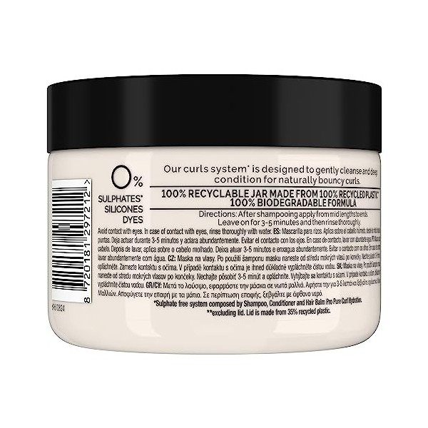 TRESemme Pro Pure Curl Hydratation Silicone Colorant Sans sulfate Masque Cheveux Baume Cheveux pour des boucles profondément 