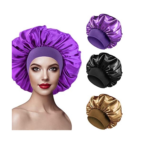 PAEFIU 3pcs Bonnet Satin Cheveux Nuit, Bonnet Soie Cheveux Nuit Bonnet de Nuit Satin Bonnet en Satin Femme Élastique Protecti