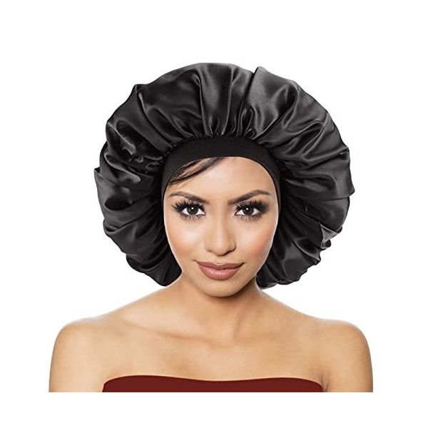 Bonnet Satin Nuit, XOPOZON Chapeaux de Sommeil, Extensible Large Bande pour Femmes Filles Protection des Cheveux Longs Noir 