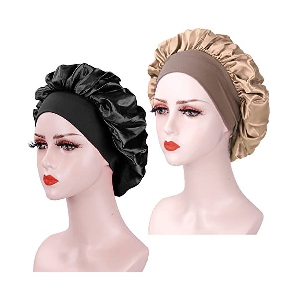 2 Pieces Bonnet Soie Cheveux Nuit, Bonnet en Satin pour Femme, Bonnet en Satin à Bande Élastique Douce, Bonnet de Nuit en Soi