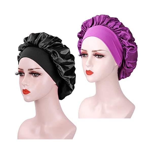 2 Pieces Bonnet Soie Cheveux Nuit, Bonnet en Satin pour Femme, Bonnet en Satin à Bande Élastique Douce, Bonnet de Nuit en Soi