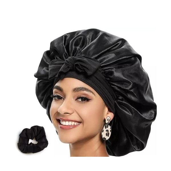 Bonnet de couchage en satin soyeux nuit avec ruban élastique pour femmes  soins des cheveux longs soie bonnet de sommeil housse de tête confortable