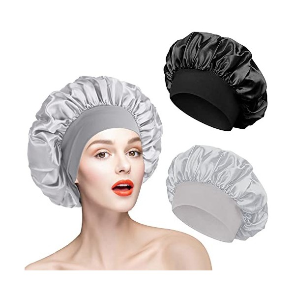 2 Pièces Bonnet Satin Cheveux Nuit, Bonnet de Soie Cheveux Nuit, Bonnet de Nuit en Satin, Bonnet en Satin pour Cheveux Nuit, 