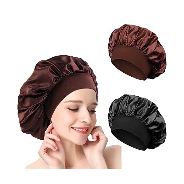 2 Pièces Bonnet Satin Cheveux Nuit, Bonnet de Soie Cheveux Nuit, Bonnet de Nuit en Satin, Bonnet en Satin pour Cheveux Nuit, 